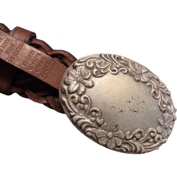 Vintage Accessories - Vintage Buffalo Leather Braided Belt With Floral Silver Tone Buckle, 34"